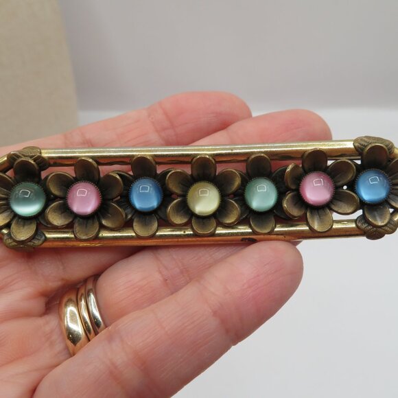 Vintage Neiger Brothers Czech Glass Cabochon Stone Floral Bar Brooch - Picture 3 of 8